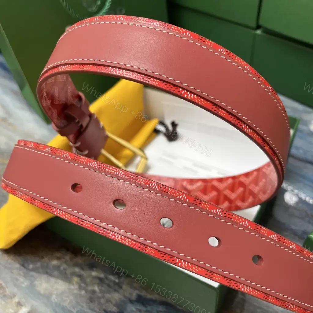 View 2 of Chic Red Leather Belt in Gold with Signature Pattern (60)