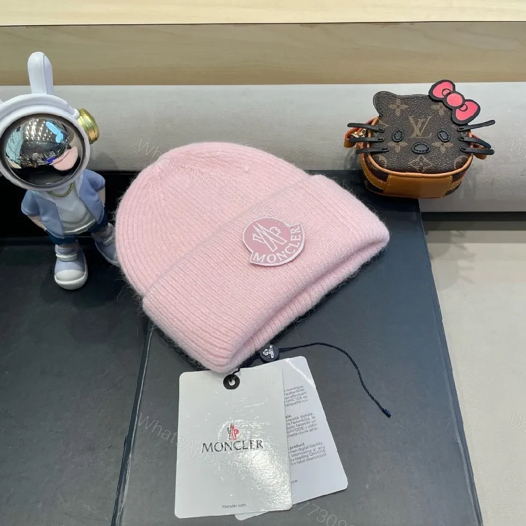 View 2 of Soft Pink Wool Beanie: Luxe Moncler Patch, Cozy Everyday Wear