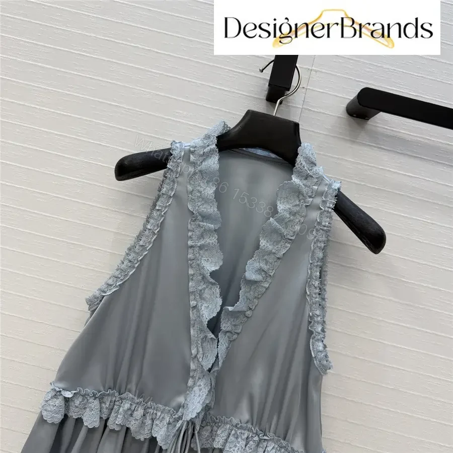 View 2 of Chloe Blue Silk-Satin Top with Lace Trim