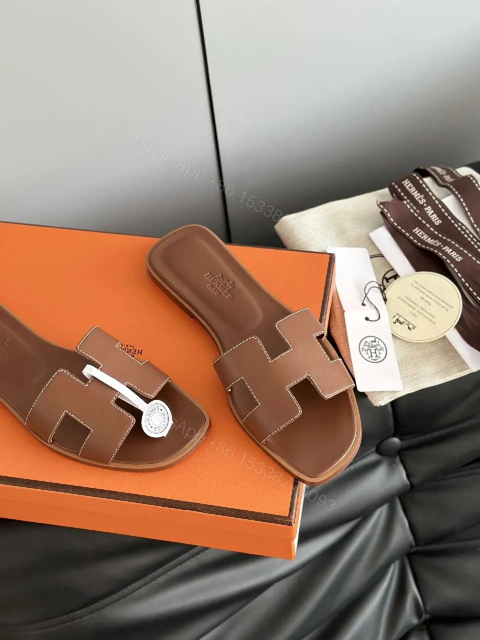 View 7 of Brown Leather Sandals with H-Strap Comfort