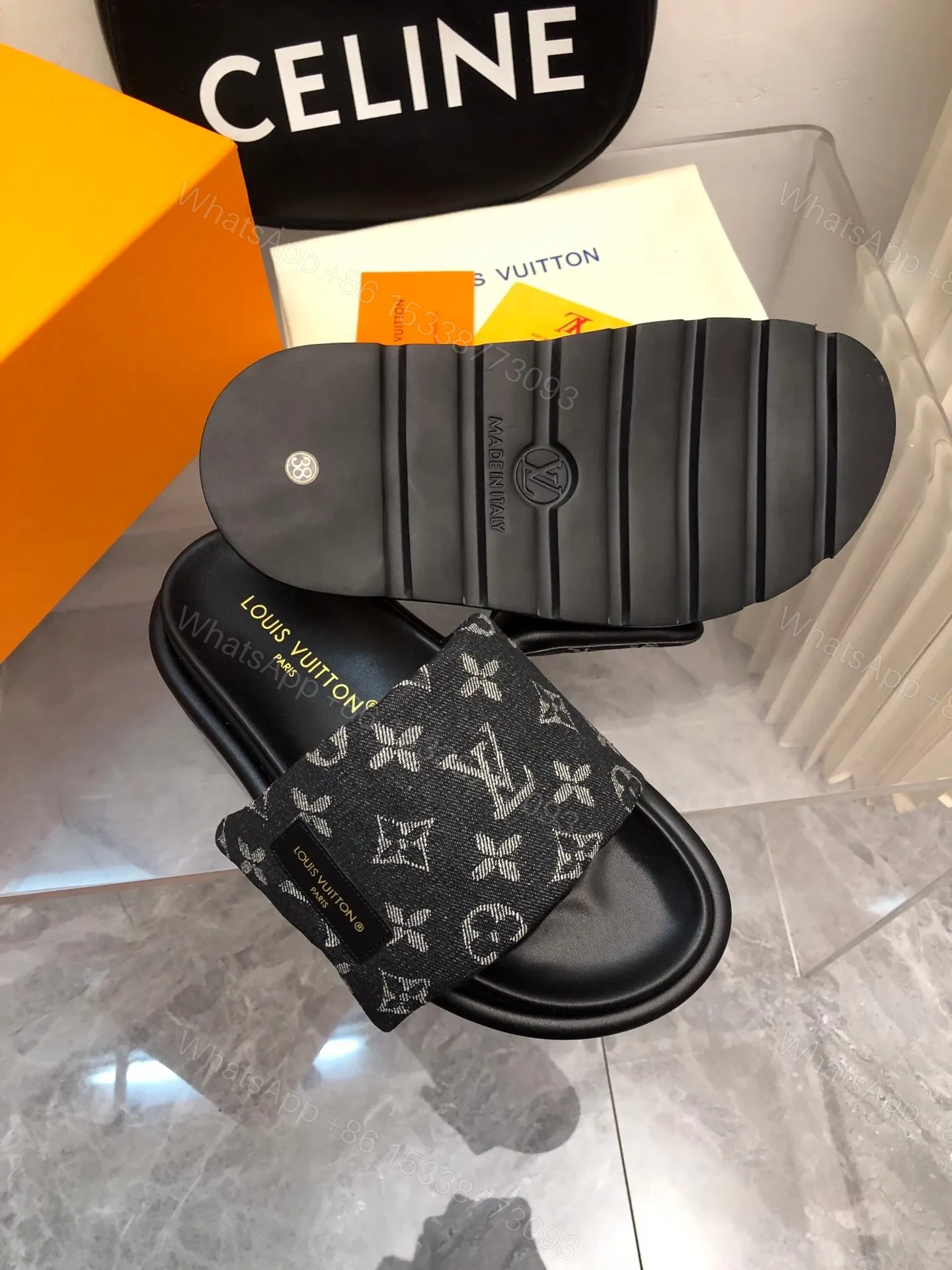View 6 of LV Women Black Canvas Monogram Slide Sandals