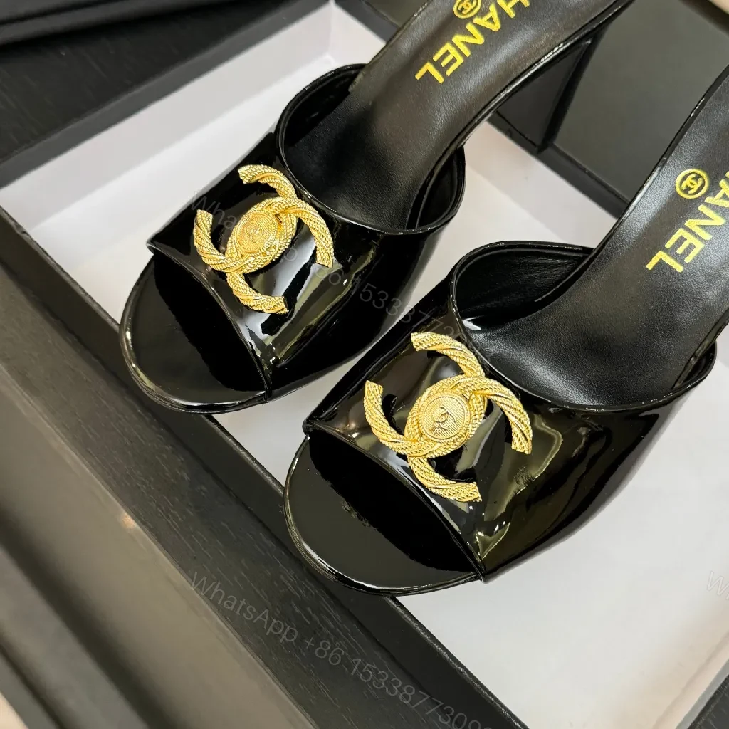 View 9 of Black Patent Mule with Gold Logo Accent – Open-Toe, Block-Heel, Luxury Style