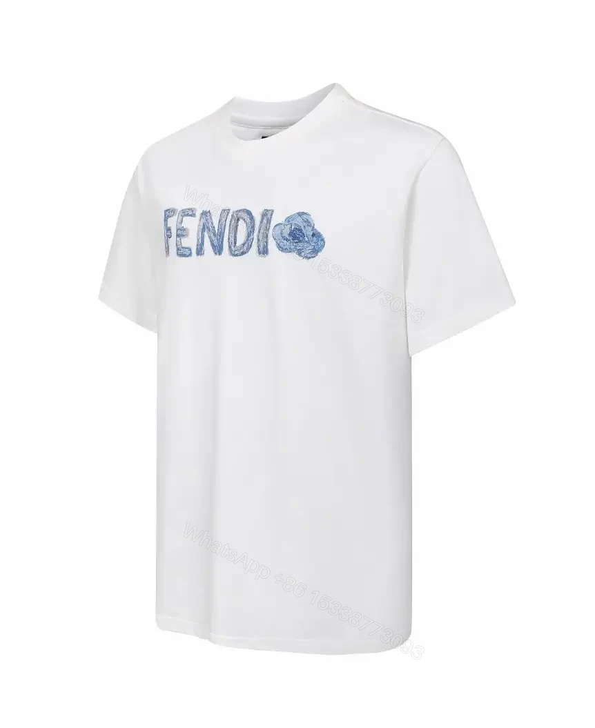 View 5 of White Cotton Tee, Blue Logo, Casual Luxe, Durable Print, T-Shirt