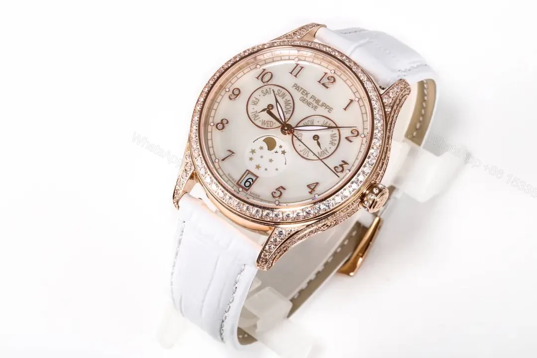 View 2 of Patek Philippe Complications Collection Ladies’ Annual Calendar Moon Phase Watch in Rose Gold with Diamond Set Case White Mother of Pearl Dial and Italian Leather Strap