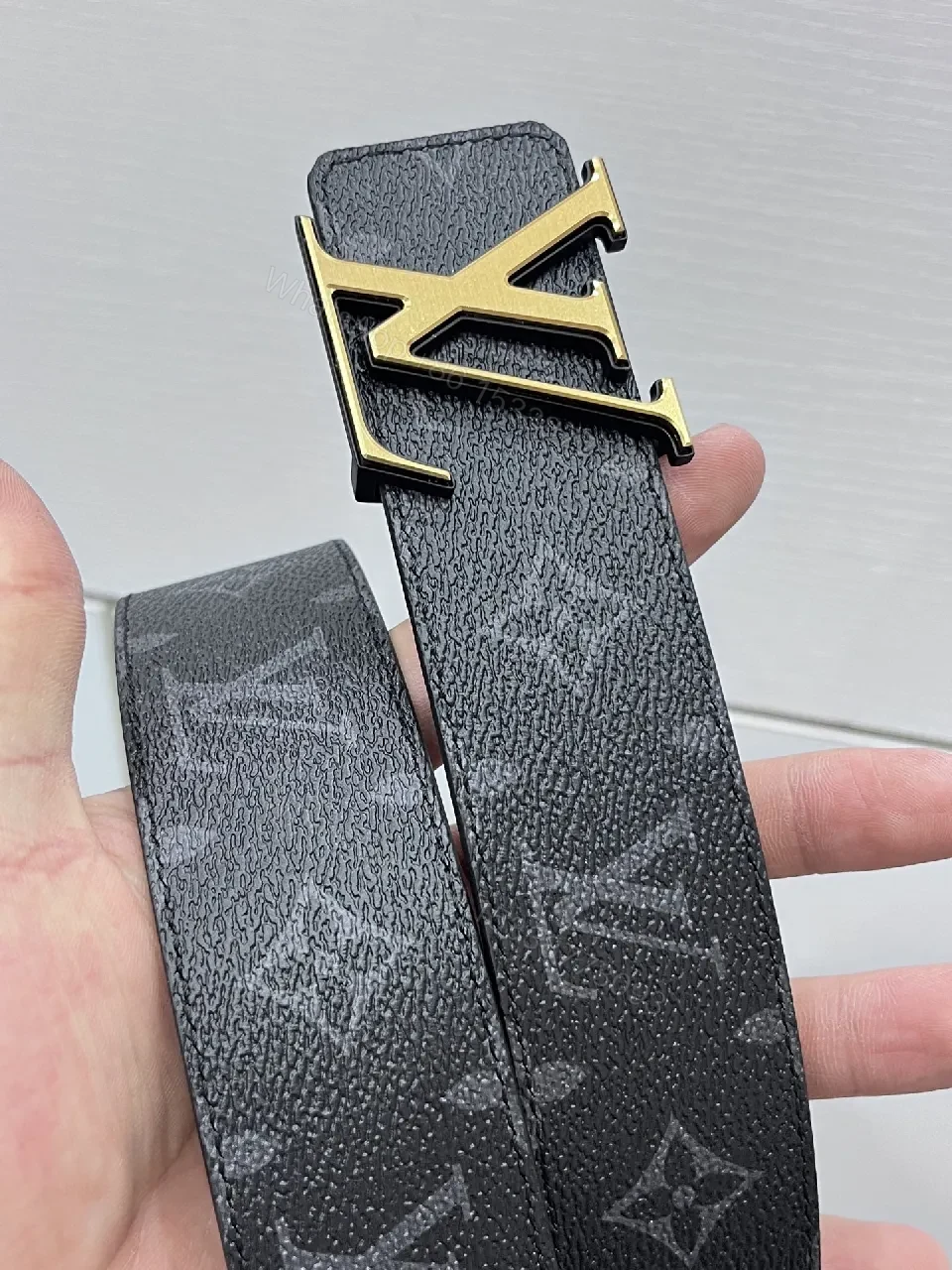 View 6 of Glam Black Leather Belt with Gold Buckle Signature LV-inspired