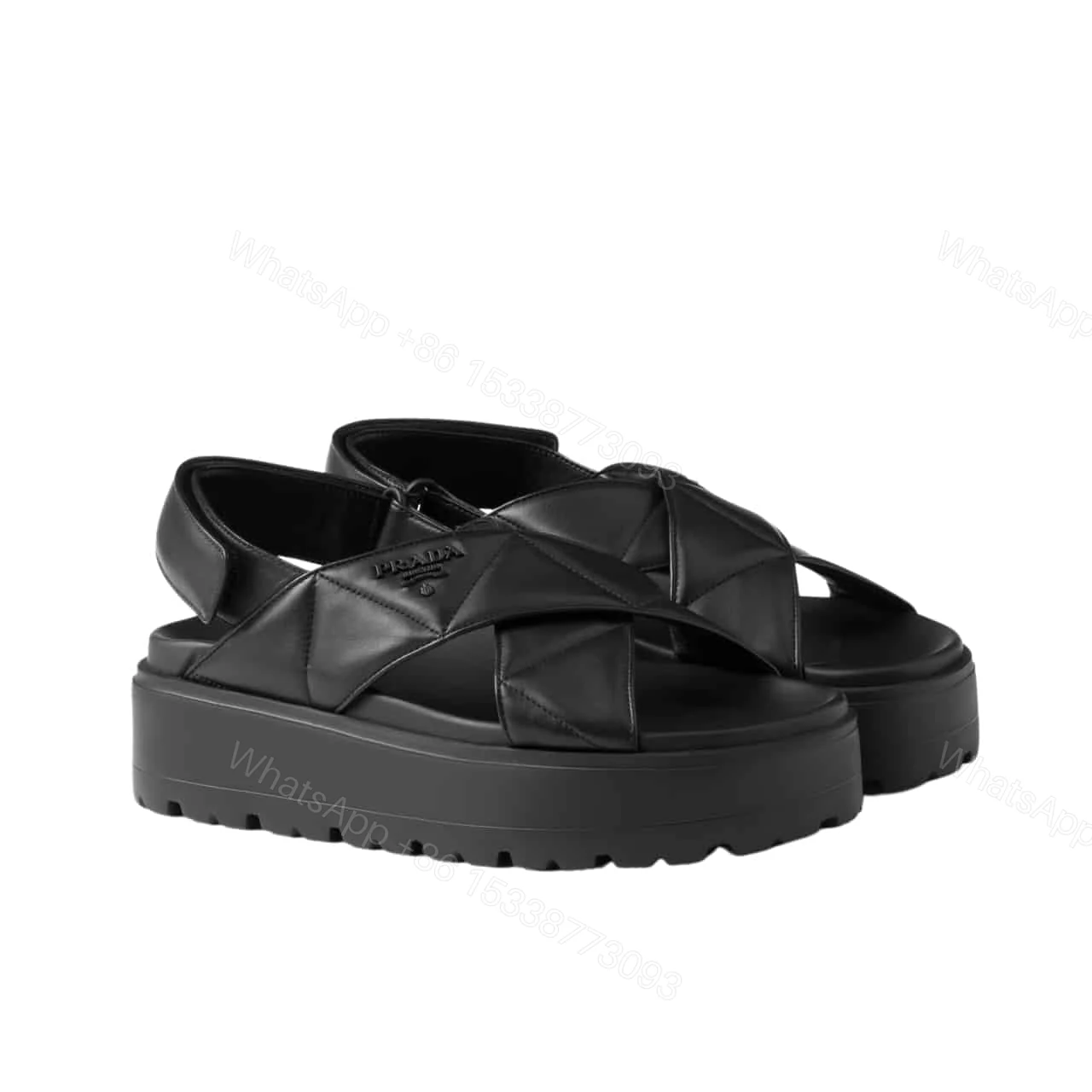 PRADA NAPPA LEATHER CRISSCROSS FLATFORM SANDALS BLACK 1XZ777 038 F0002 F 045 — view 1