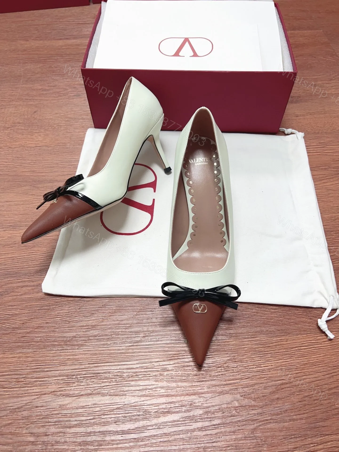 View 6 of Valentino Women White Leather Brown Bow Detail Pumps