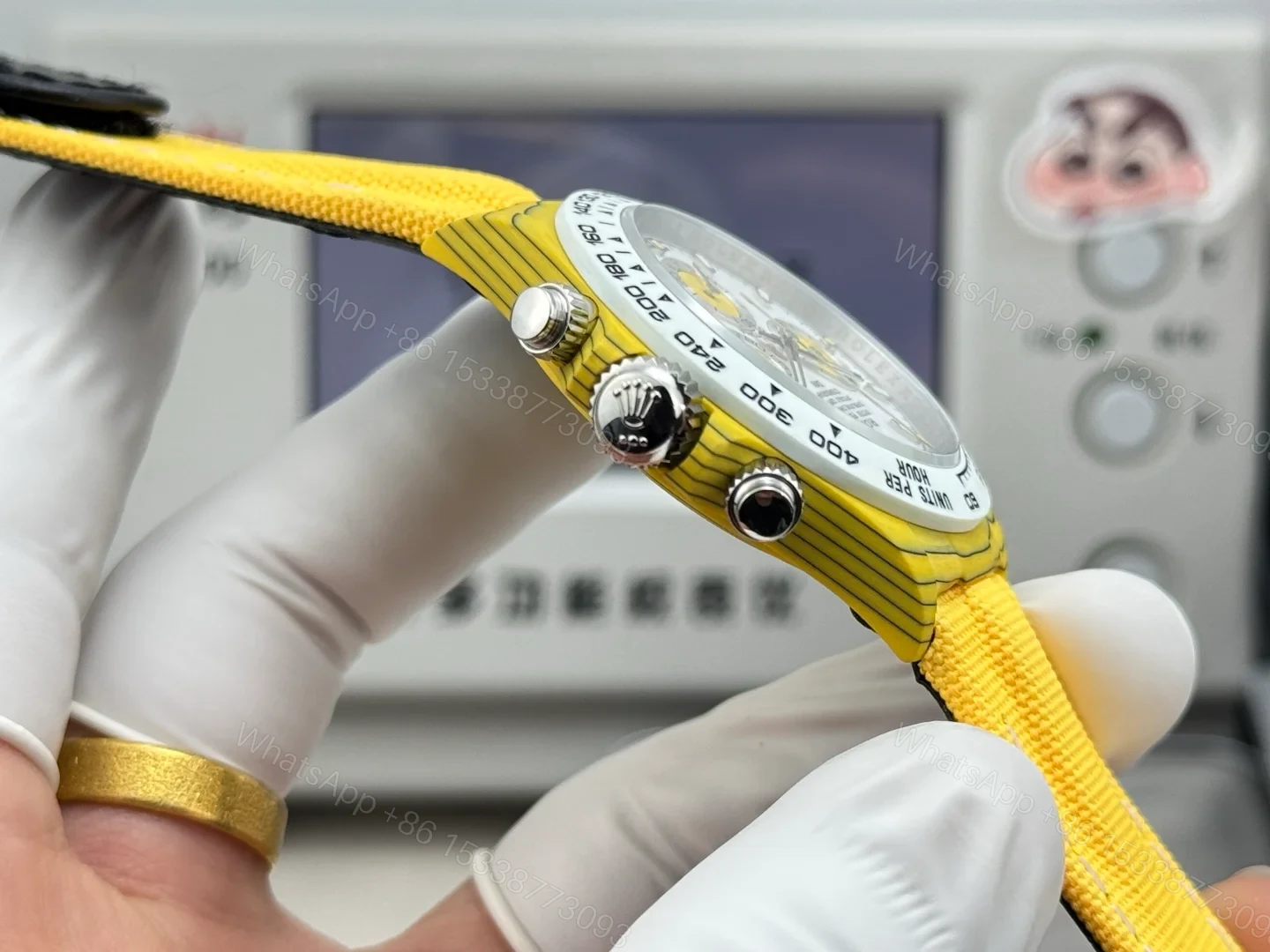 View 7 of Rolex Daytona Yellow Carbon Fiber Replica 40MM Premium White Dial Yellow Fabric Strap RG-DAYTONA-YELLOW-CF-40