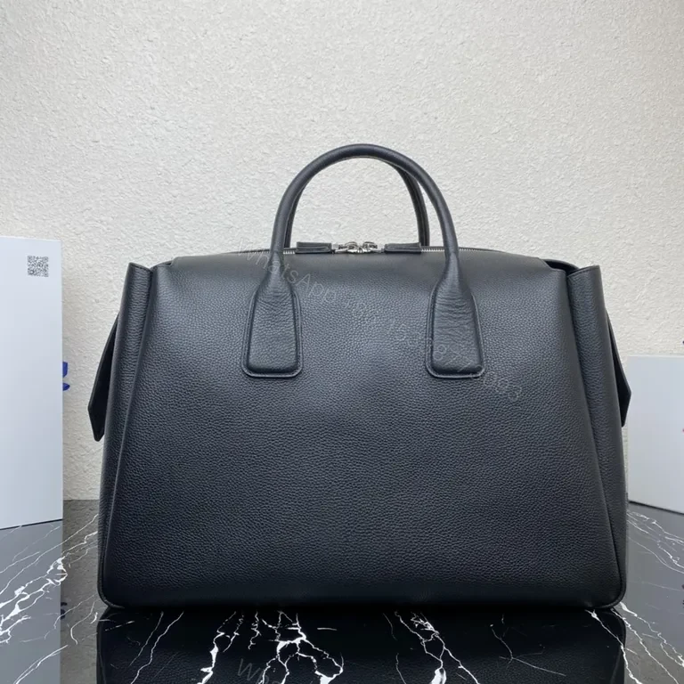 View 6 of Structured Black Pebbled Leather Carryall: Prada-inspired Luxury Tote