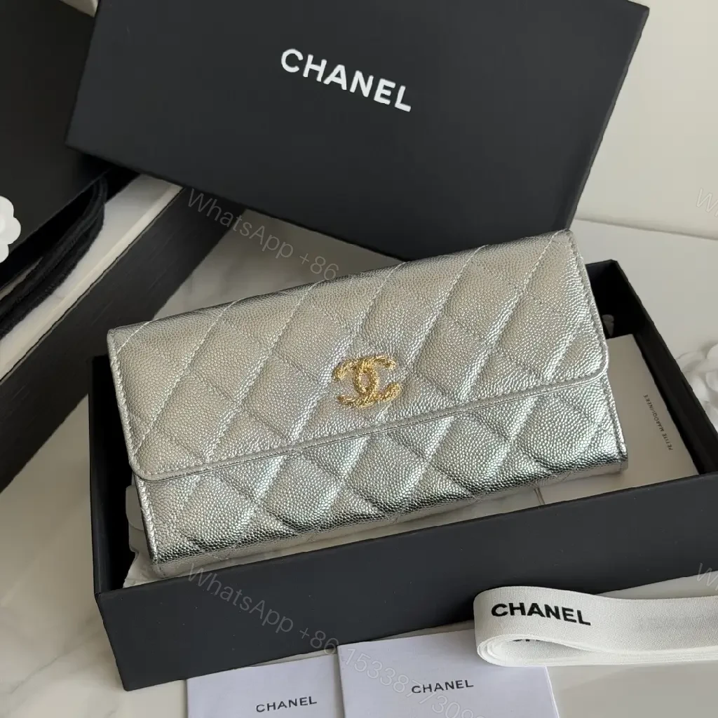 View 8 of Silver Metal Leather Quilted Wallet with CC Flap Closure