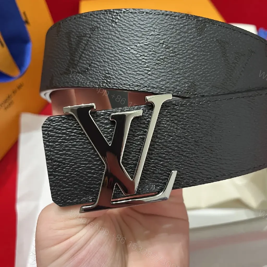 View 10 of Black Leather Belt - Pebbled Texture with Large Silver LV Buckle