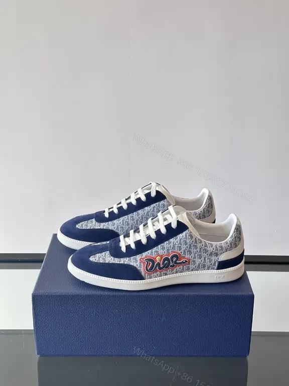 View 3 of Navy Dior Monogram Leather-Suede Low-Top Sneakers