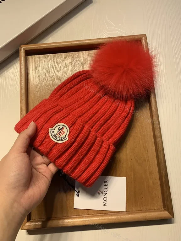 View 3 of Bold Red Knit Beanie with Plush Pom-Pom - Moncler Warmth