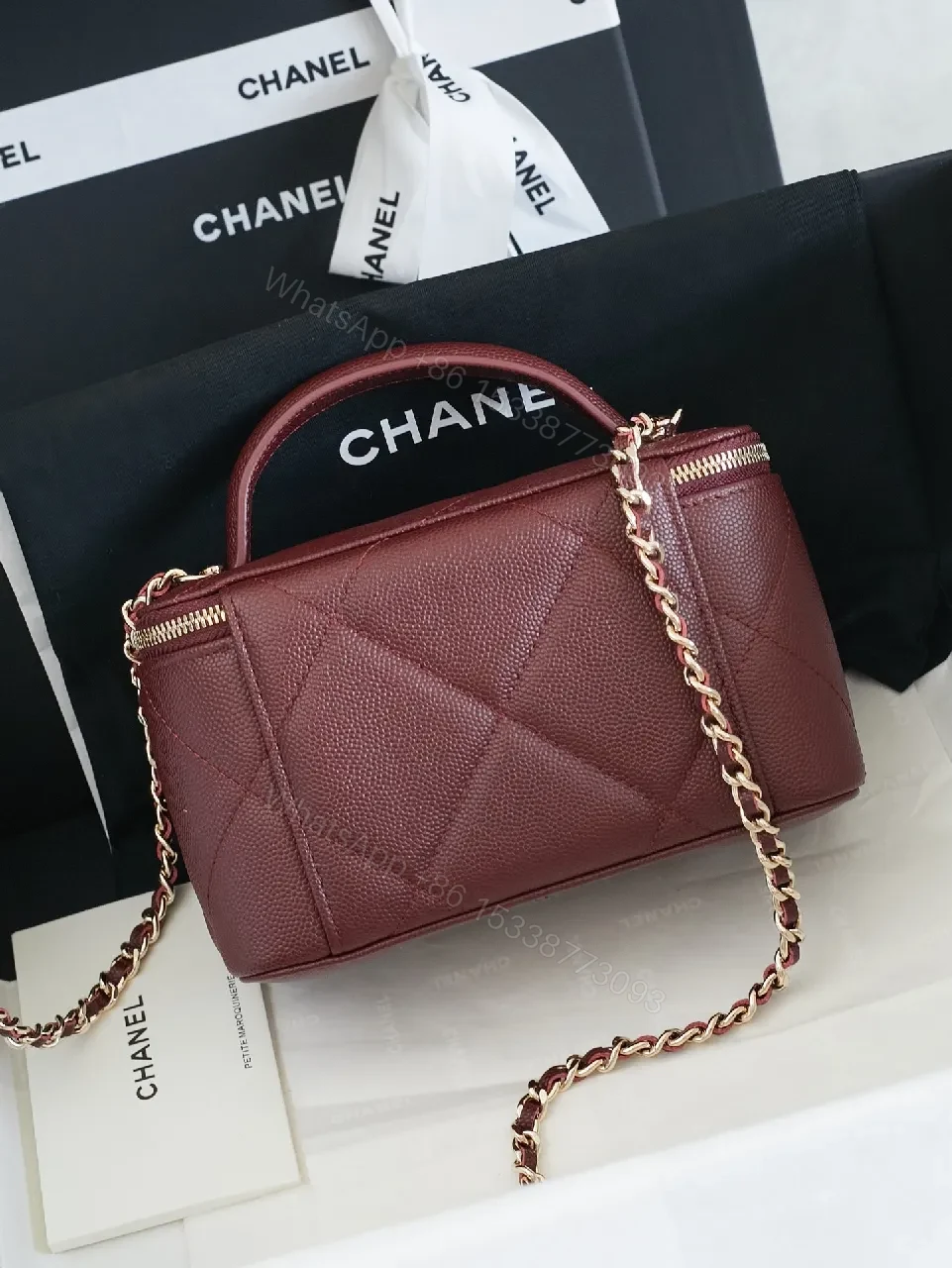 View 3 of Burgundy Quilted Crossbody Bag with Gold Hardware