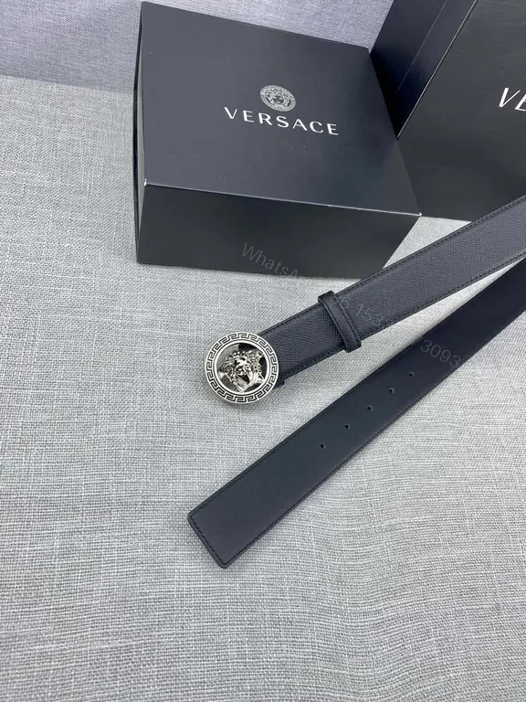View 6 of Slim Black Leather Belt with Gold Medusa Buckle - Versace Style Belt