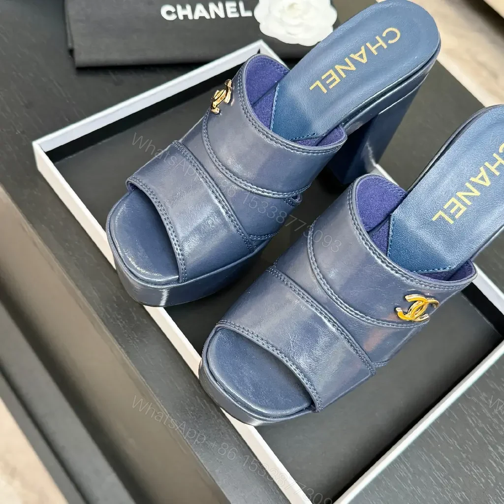 View 2 of Blue Leather Platform Mules with Logo Hardware, Sculpted Heel