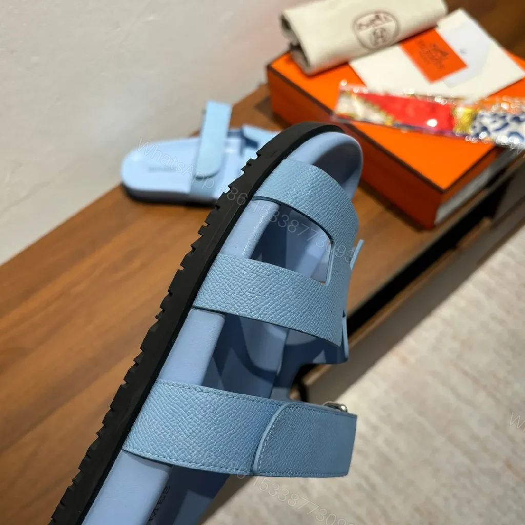 View 5 of Light-Tide Blue Leather Slide Sandals, Modern Cutout Comfort