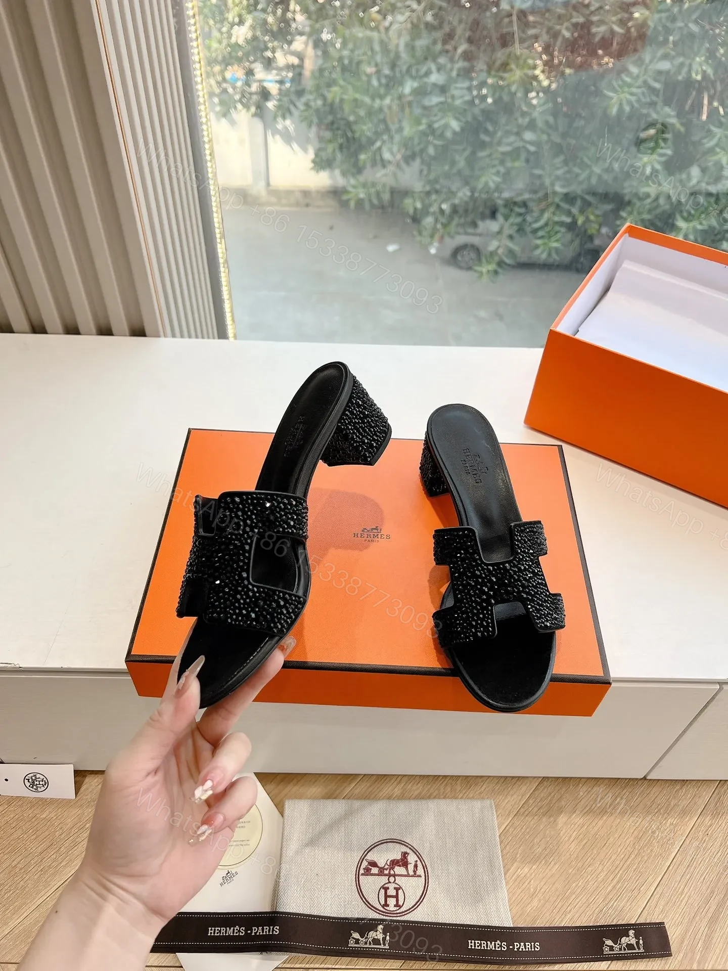 View 6 of Hermes Women Black Embellished Leather Mules