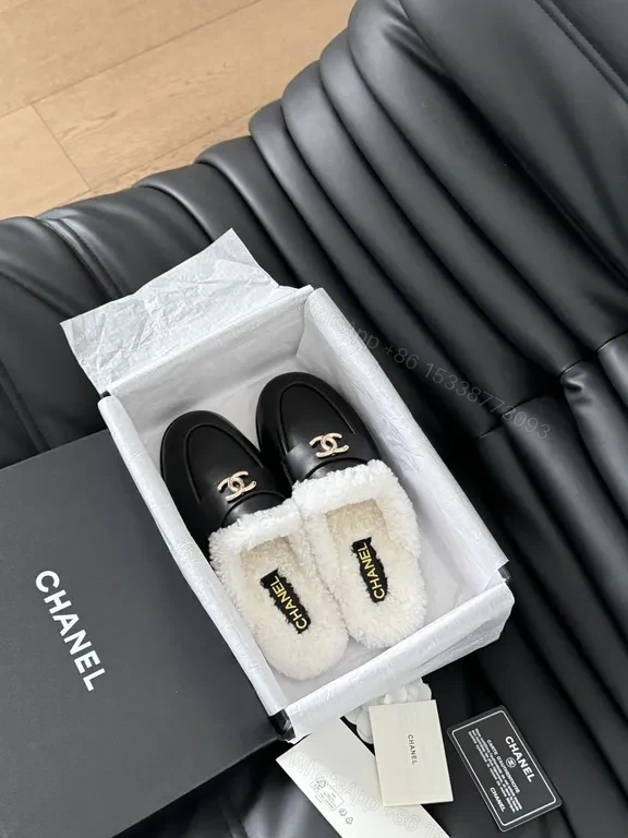 View 8 of Chanel-Inspired Black Leather Mules with Shearling Lining