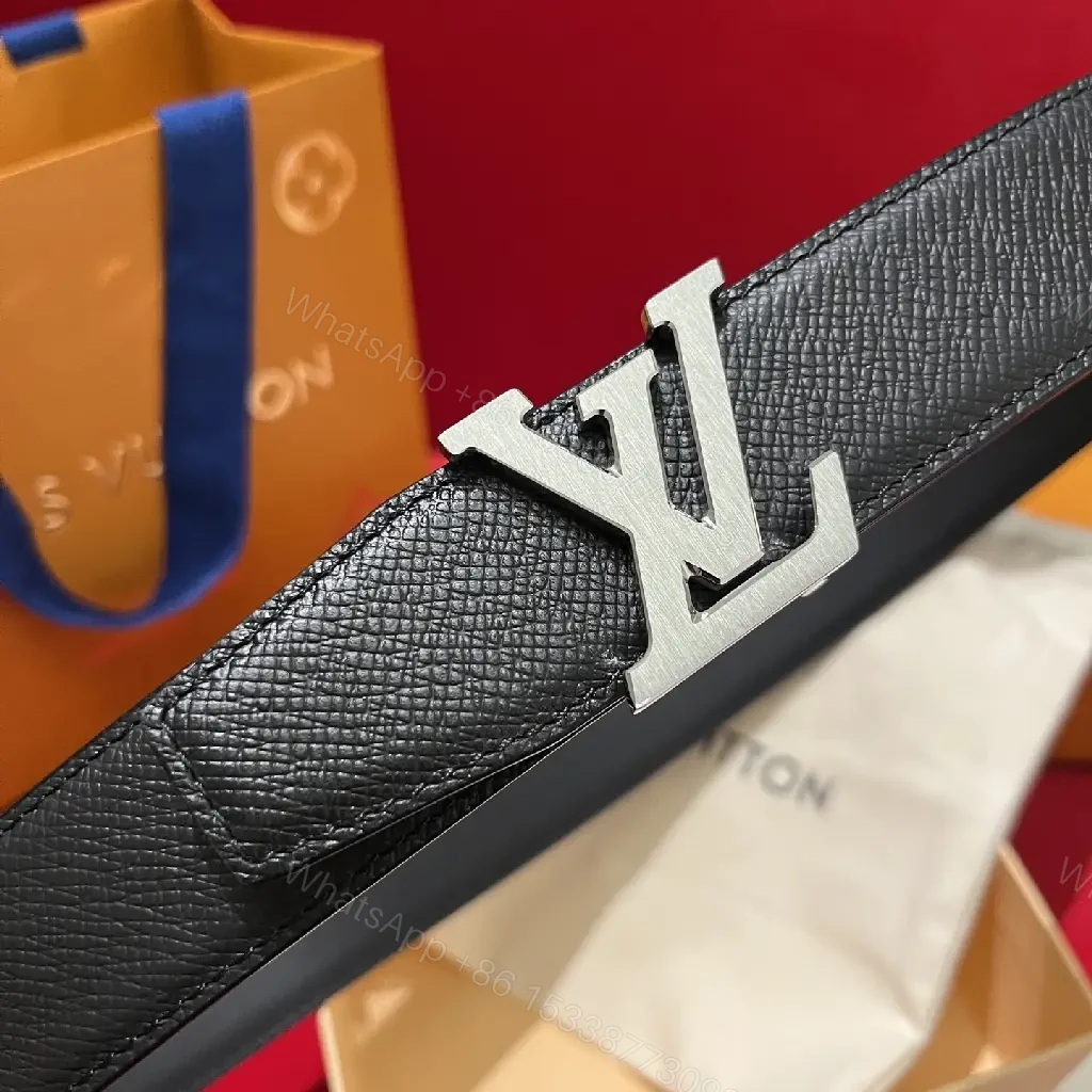 View 8 of Black Leather Belt with LV Buckle - Textured Full-Grain Formal Style