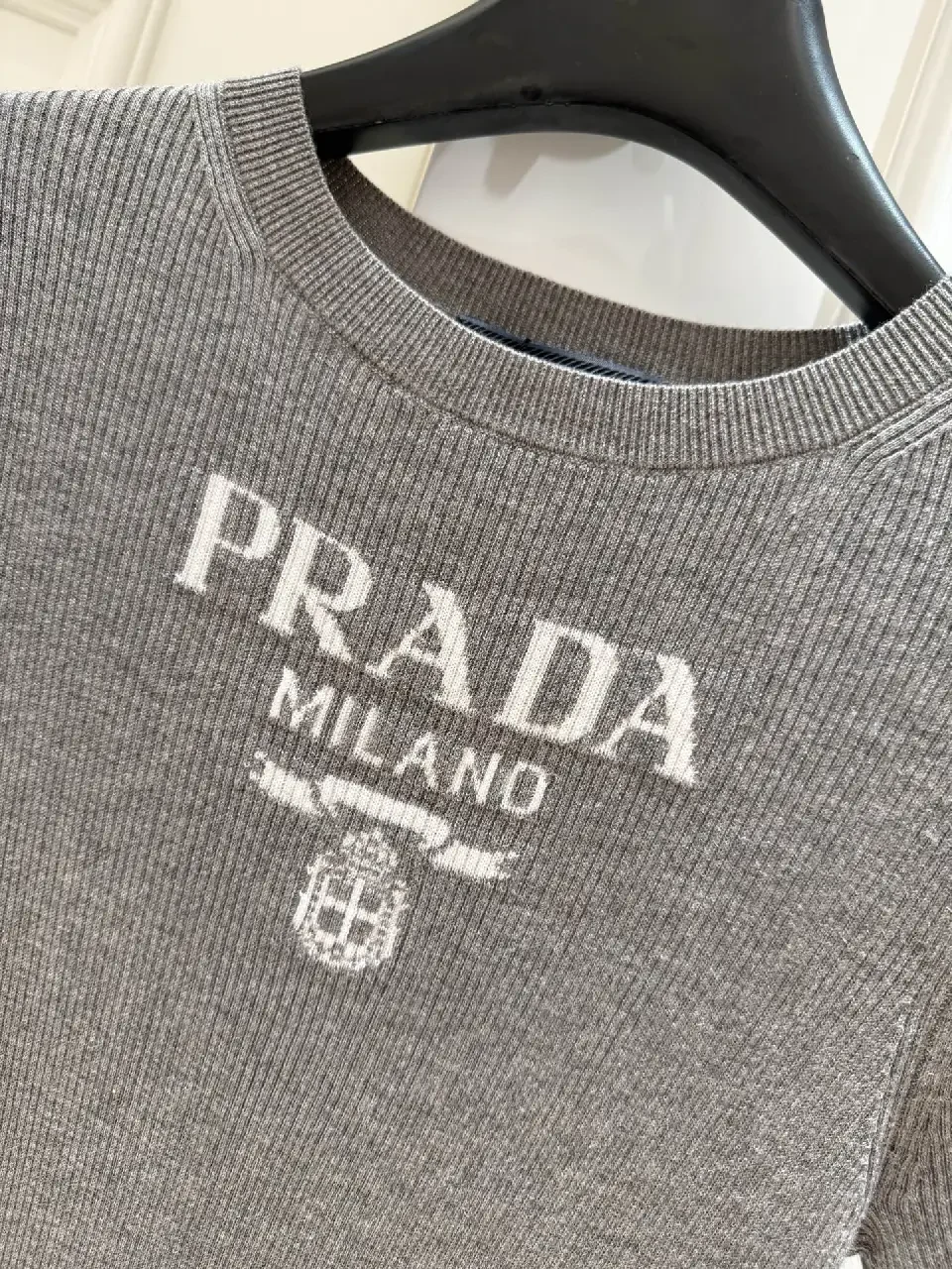 View 8 of Gray Heather Knit Tee, Relaxed Fit, Fine Rib Texture, Prada Logo