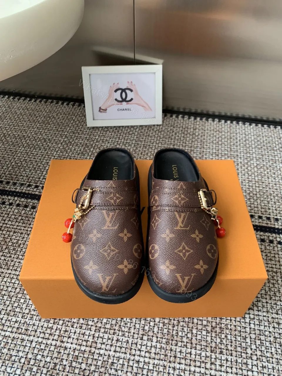 View 4 of Brown Monogram-Canvas Loafers with Gold Hardware, Slip-On Comfort