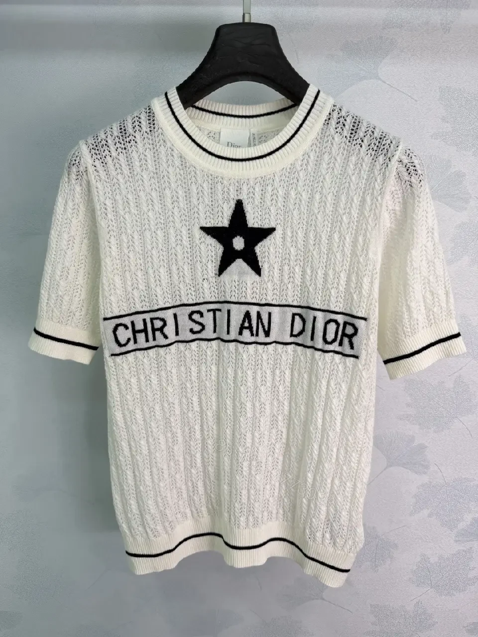 View 9 of White/Gray/Black Knit Short-Sleeve with Star Logo, Cable Knit, Dior Banner