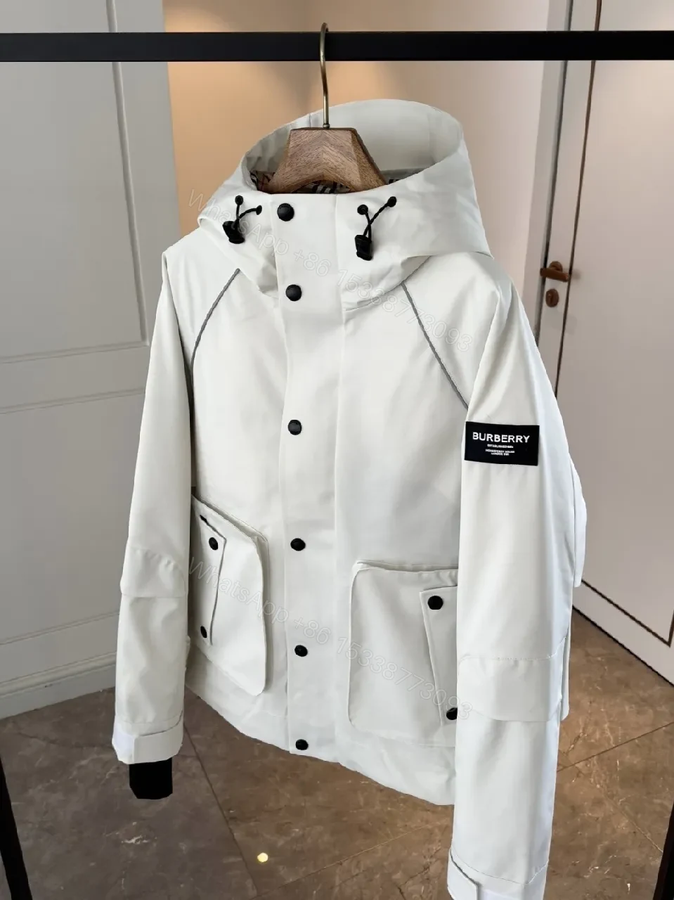 View 9 of White Weatherproof Parka with Leather Trim
