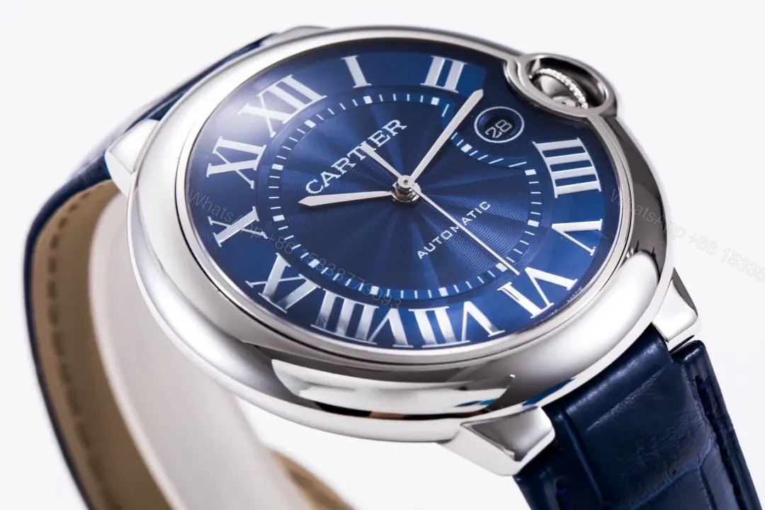View 6 of JF Factory Cartier Ballon Bleu 42mm Blue Dial Stainless Steel Automatic Watch with Mississippi Alligator Leather Strap