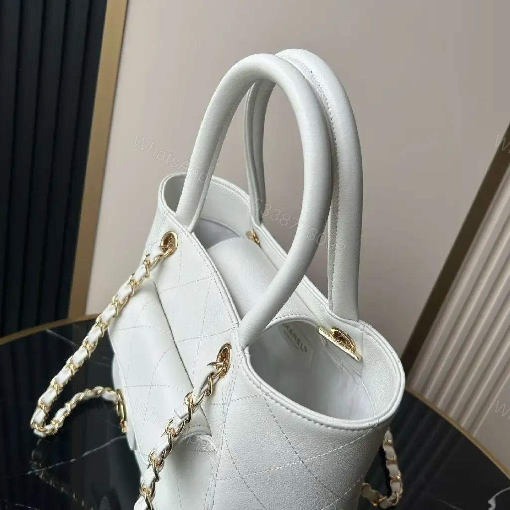 View 10 of Pale Gray Diamond-Quilted Tote: Gold-Accented Chanel-Style Flap