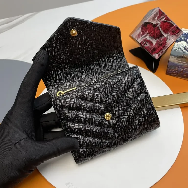 View 8 of Compact Luxe Quilted Wallet: YSL Hardware, Textured Leather
