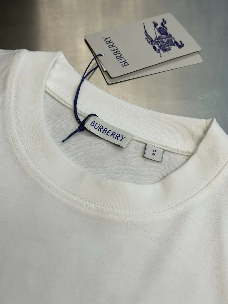 View 6 of White Plain Knit Cotton Oversized T-shirt Burberry Logo Chest T-shirt