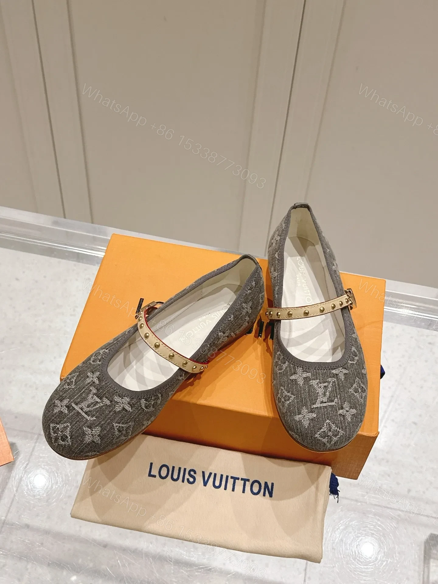 View 4 of LV Women Gray Fabric Studded Strap Flats