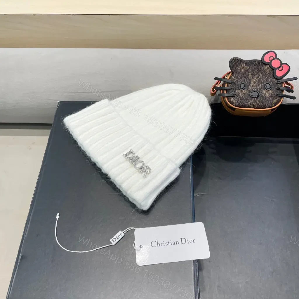 View 2 of White Knit Beanie with Dior Embellishment: Cozy Luxury
