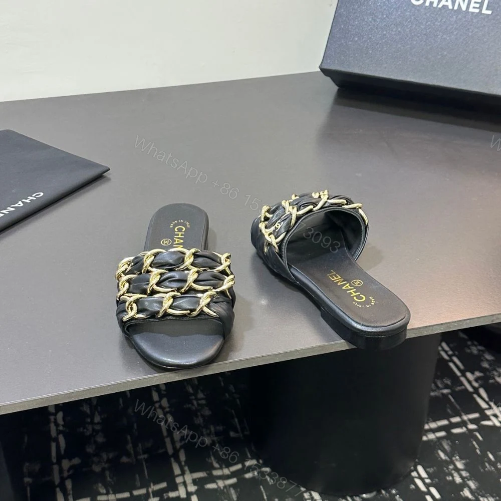 View 7 of Chanel Slide Sandals Gold Chain Black