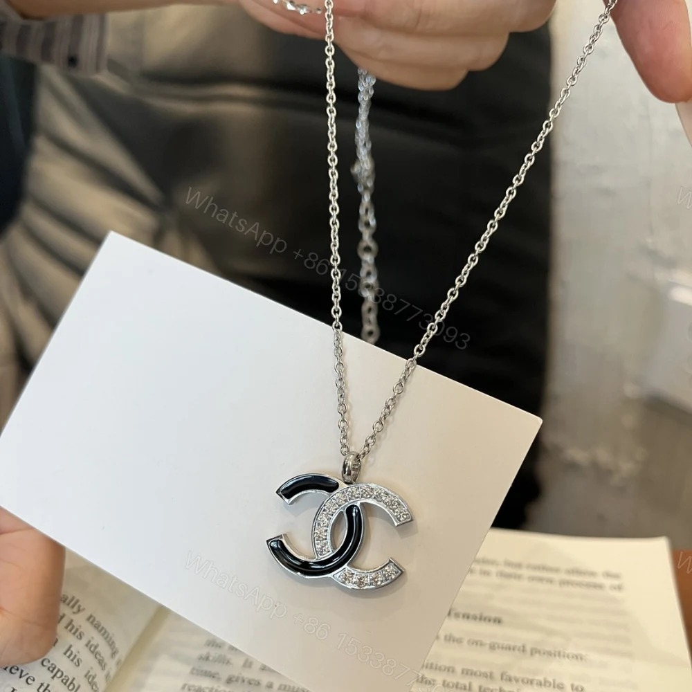 View 4 of Chanel Cc Logo Pendant Necklace White Stones And Black Enamel Silver