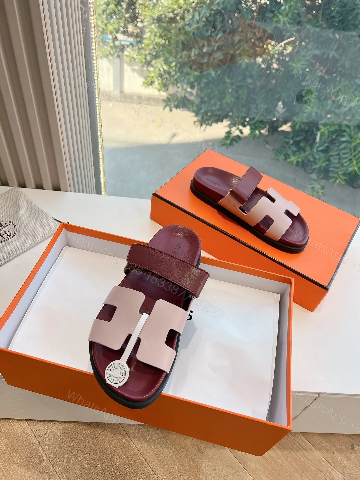 View 5 of Hermes Women Burgundy Leather Pink Accent Sandals