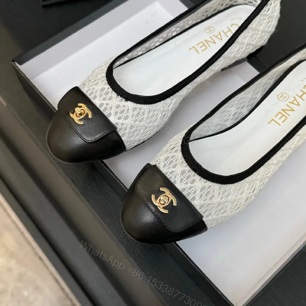 View 4 of Ivory Lace-Trim Black Leather Cap-Toe Ballet Flats with Gold Hardware