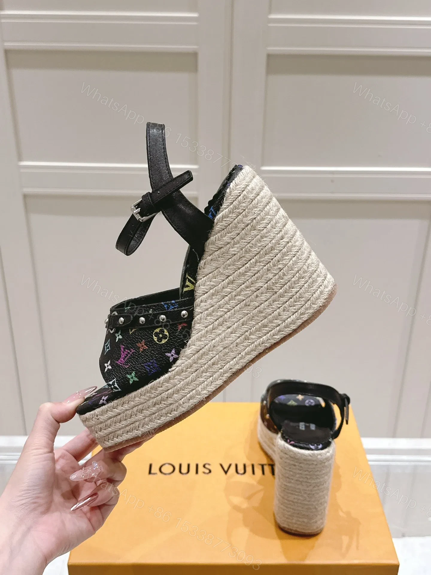 View 6 of LV Women Black Leather Espadrille Wedge Sandals