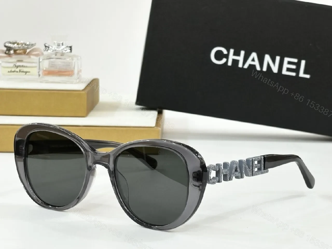 View 2 of Chic Taupe-Pink Oversized Round Sunglasses with Logo Detail
