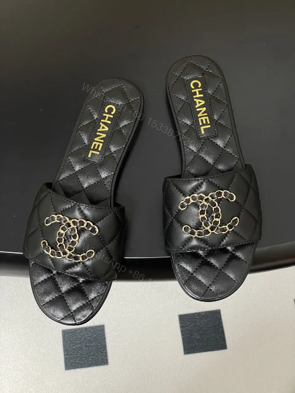 View 9 of Quilted Leather Slides with Gold Chain Detail Luxury