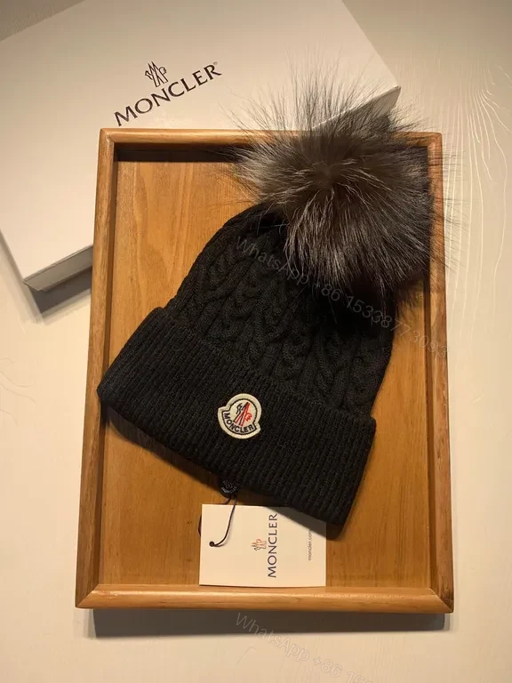 View 9 of Cozy Black Moncler Beanie: Plush Fur Pom-Pom Warm Wool-Blend Knit