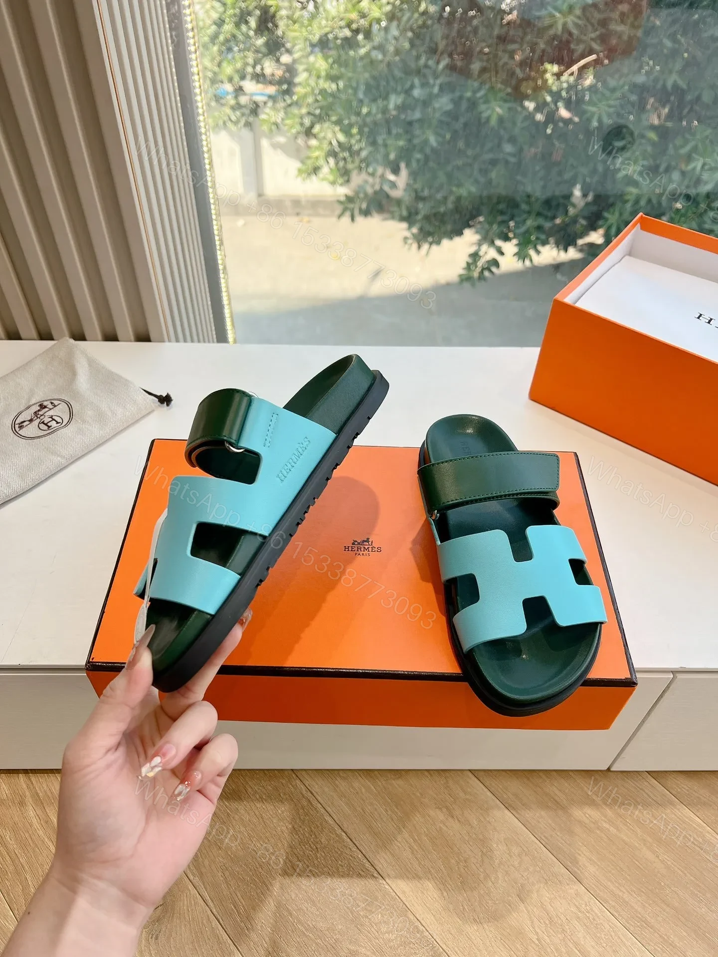 View 6 of Hermes Women Green Leather Blue Sandals