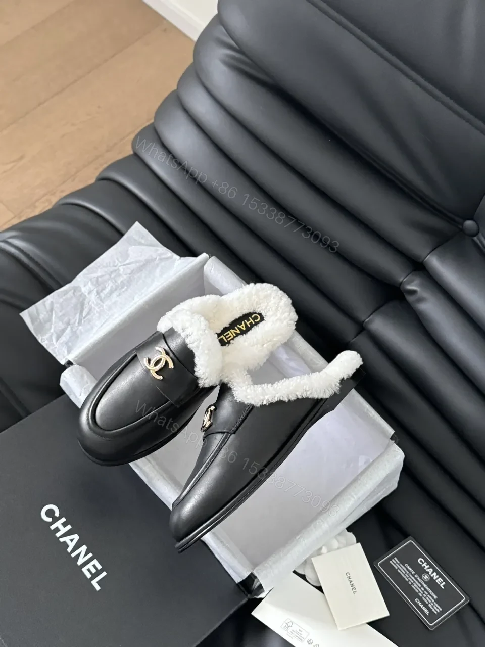 View 4 of Chic Black Leather Mules with Plush Shearling Lining