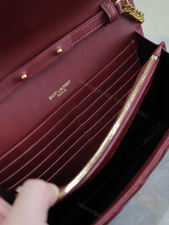 View 7 of Burgundy Quilted Envelope Crossbody Bag with Gold YSL Logo
