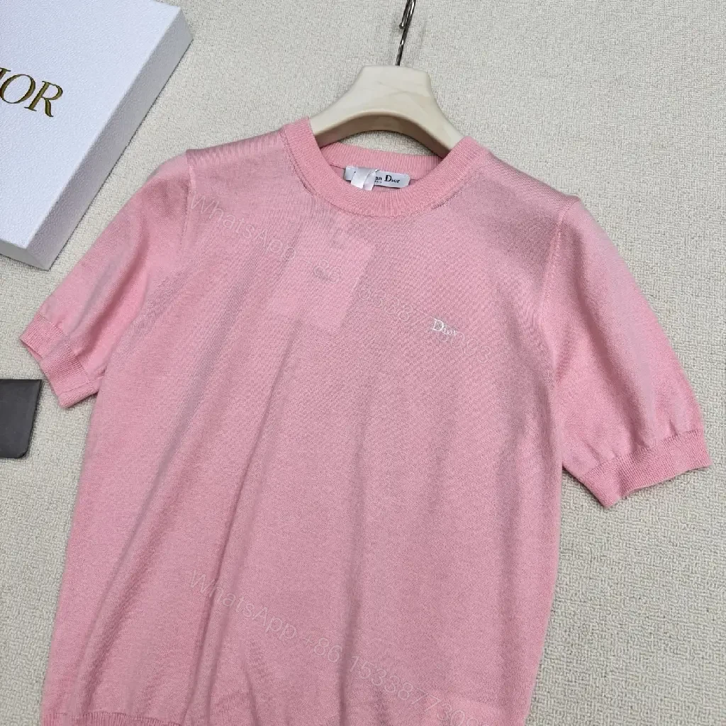 View 4 of Pink Cotton Knit Short Sleeve Dior Style with Logo Key Feature Tee