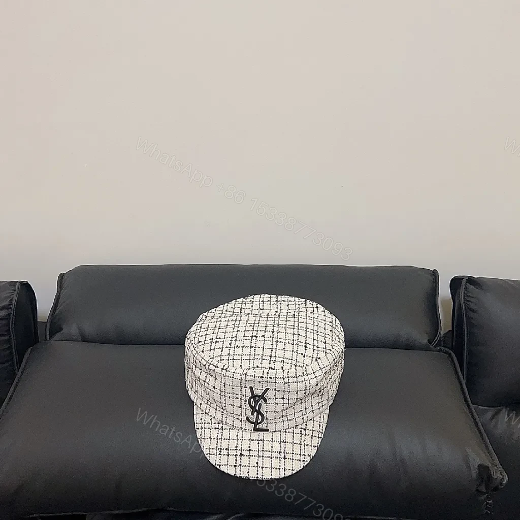 View 3 of Textured Bouclé Knit Cap with Signature Emblem, Modern Tweed Style