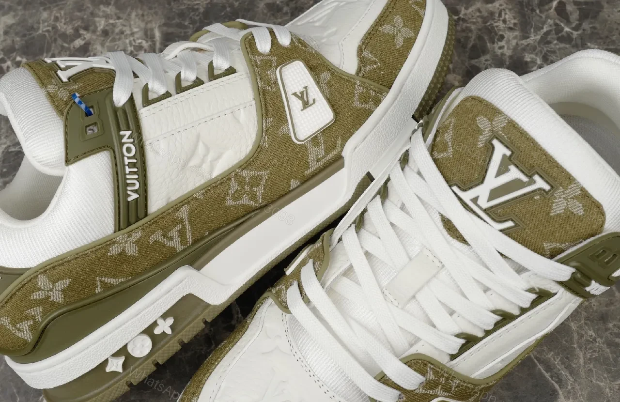 View 8 of Beige Leather High-Top Sneaker with LV Motif and Strap