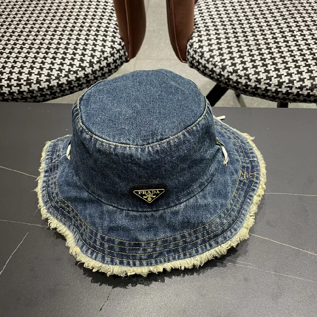 View 4 of Denim Bucket Hat + Distressed Edge + Modern Luxury + Subtle Prada-Inspired Badge + Hat