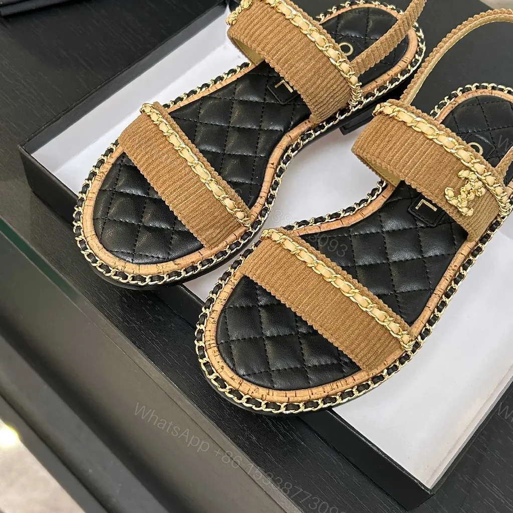 View 5 of Textured Sandals: Quilted Footbed, Gold Chain Detailing, Neutral Tan